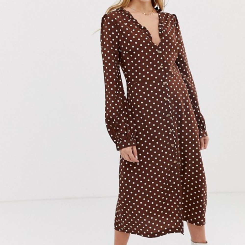 ASOS brown polka dot dress long sleeve midi dress